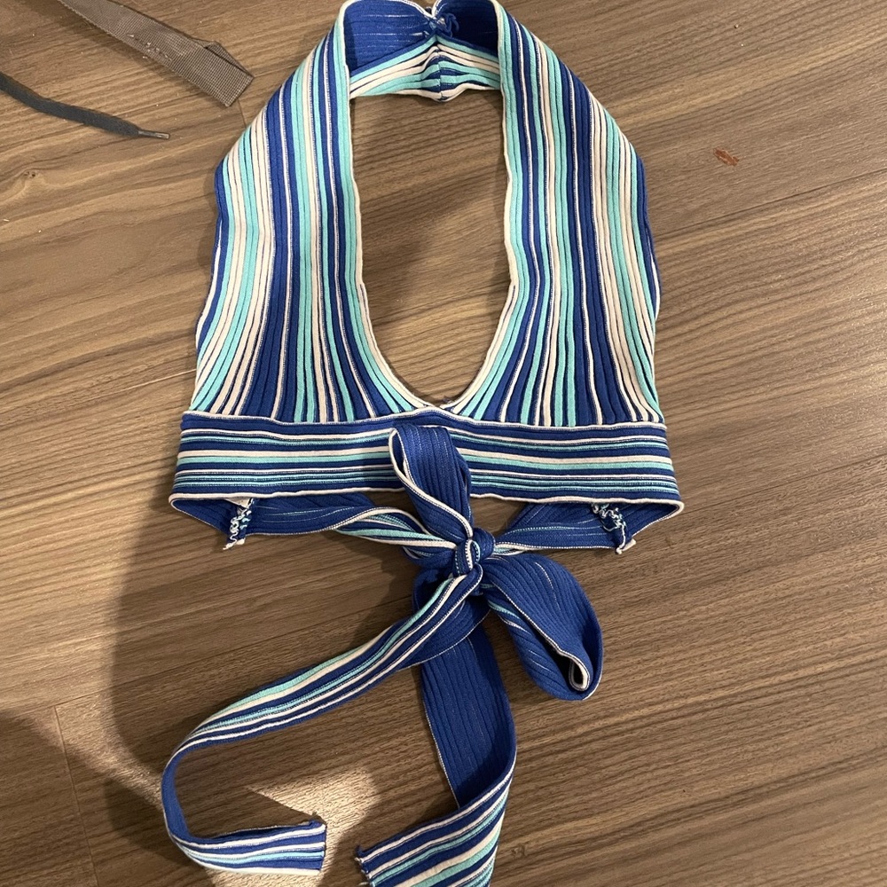 Stretchy tie-back blue and white halter top.
